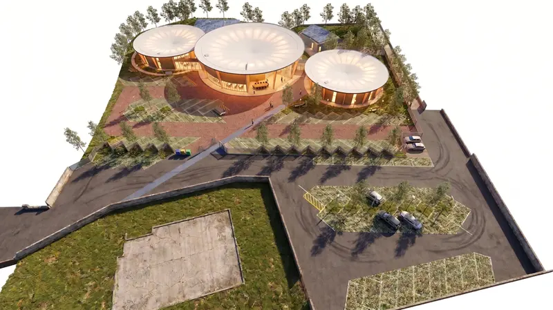 Il progetto prevede tre padiglioni circolari