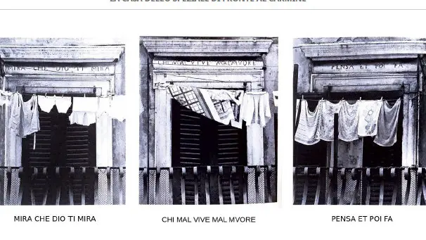 Le fotografie dei tre architravi con i tre motti