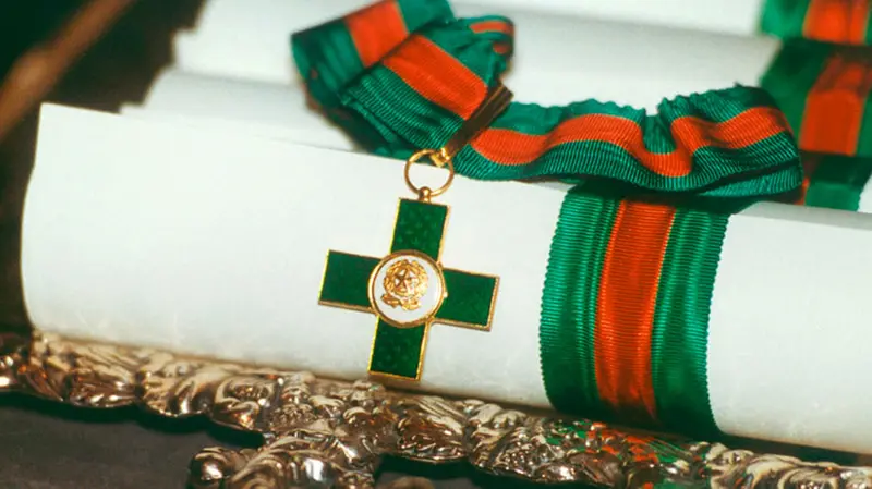 La decorazione consiste in una croce smaltata di verde e bordata di oro