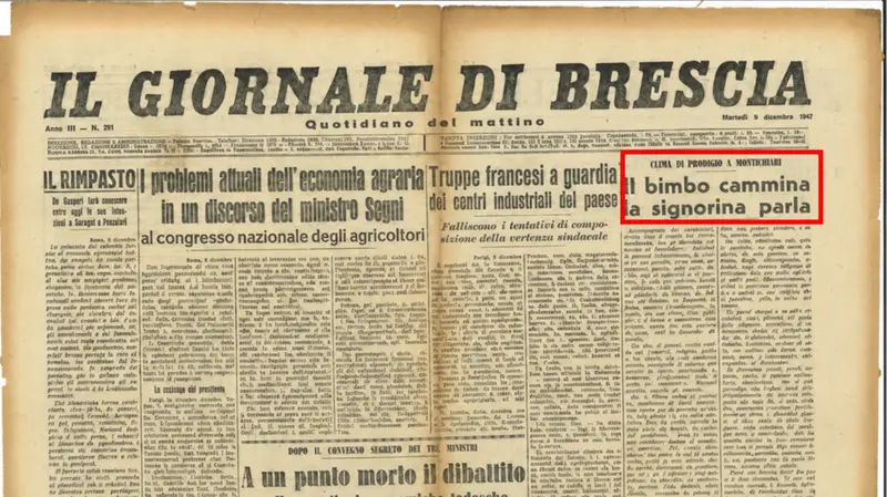 Il racconto dell'apparizione sulla prima pagina del Giornale di Brescia del 9 dicembre 1947