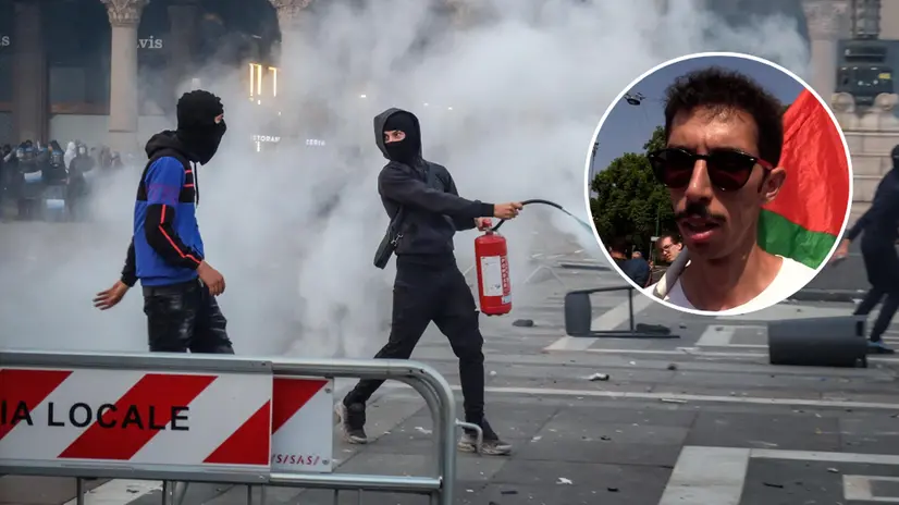 Uno scatto che racconta gli scontri a Milano e, nel tondo, Youssef Siher - Foto Ansa © www.giornaledibrescia.it