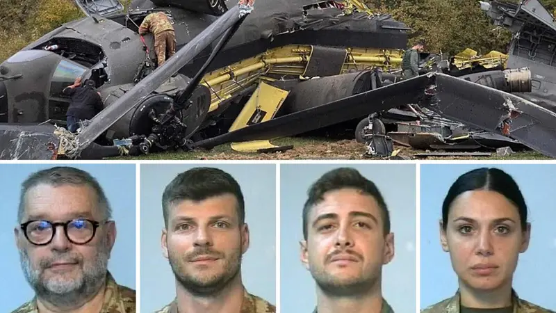 In una combo l'elicotetro CH 47 dell'operazione Eufor Althea in Bosnia-Erzegovina e le quattro vittime: (S-D) il tenente del Corpo Militare Volontario della Croce Rossa Italiana Franco Adriano Zecchillo, il sergente Claudio Marchesi, il sergente Simone Ruggia e la sergente del Corpo Militare Volontario della Croce Rossa Italiana Laura Procacci ANSA/ NPK
