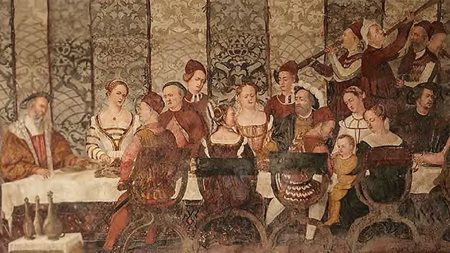 Un affresco di un banchetto offerto da Bartolomeo Colleoni nel 1520